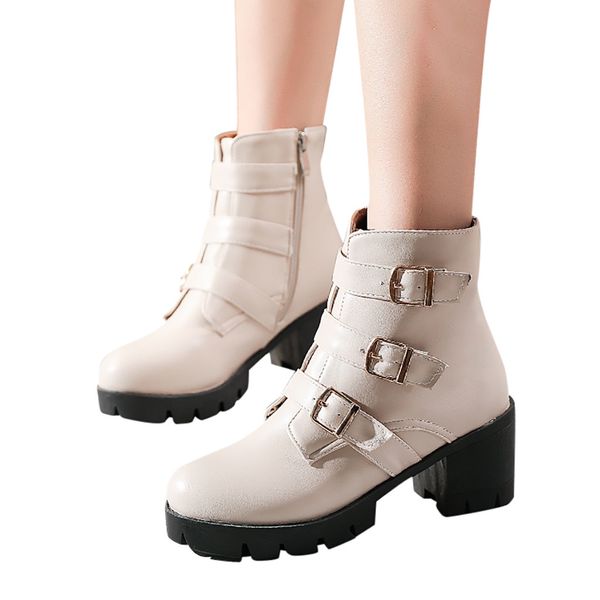 

snow boots 2019 warm fashion pure color round toe zipper boots square heels vintage women for winter shoes ankle boots#1, Black