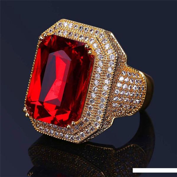 

luxury hiphop zircon rings for men real 18k gold plated ruby ring fashion ice out hip hop jewelry hipping, Golden;silver