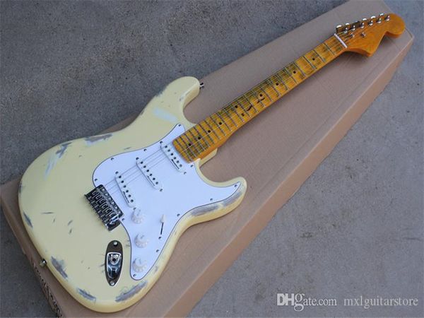 

factory custom milk white retro body electric guitar with retro yellow neck,sss pickups,scalloped neck,,offer customized