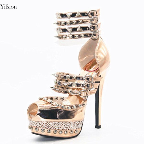 

rontic new women platform sandals rivets thin high heels sandals peep toe gold party shoes women us plus size 4-12, Black