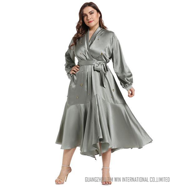 

luxury women gray dress plus size a line dress v neck solid color high waist fashion comfortable robe hiver femme vestidos, Black;gray