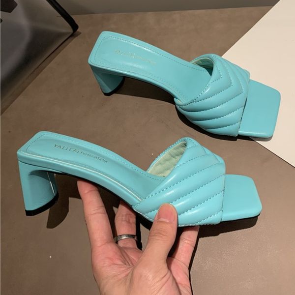 

female shoes ladies' slippers low square toe slides women heels 2019 summer high rubber basic rome fabric pu, Black