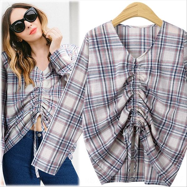 

loose slim large size drawstring long sleeve v-neck plaid loose slim large size drawstring ribbon long sleeve v-neck plaid ribbon ri, White