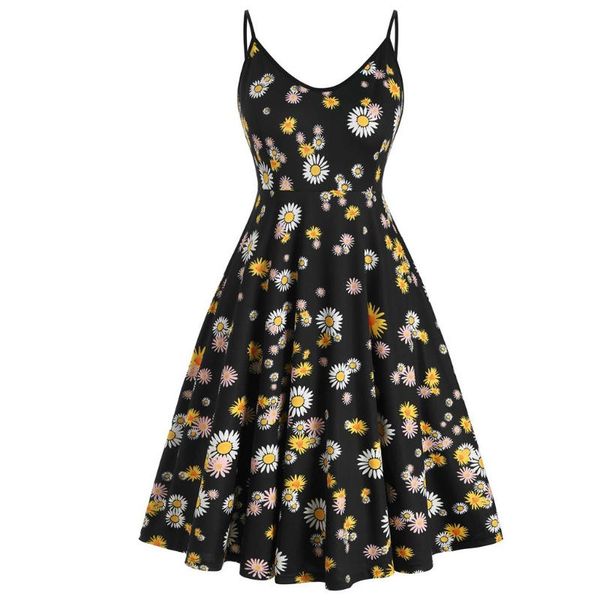 

38# women floral dress summer dress sunflower print sleeveless high low cami dresses plus size bodycon boho party vestidos, Black;gray