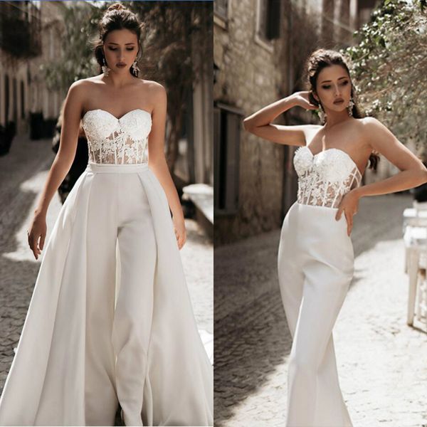 

lace appliqued wedding jumpsuits with detachable skirts 2019 sweetheart tulle a line sweep train beach wedding dress boho bridal gowns, White