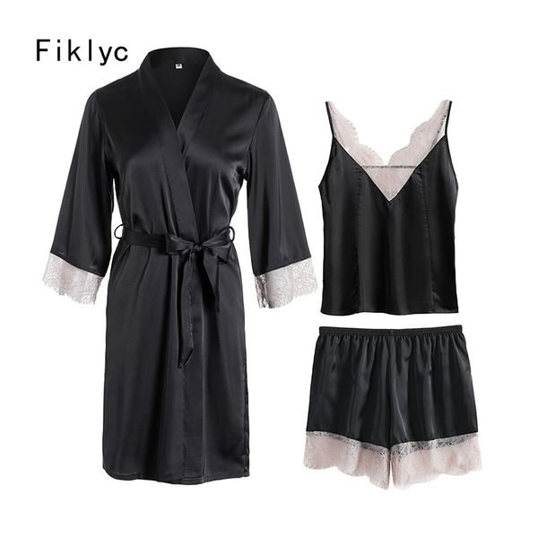 

fiklyc underwear женские летние трехсекционные короткие брюки пижамы наборы с длинным рукавом халат сексуальное кружево искусственный шелк п, Black;red