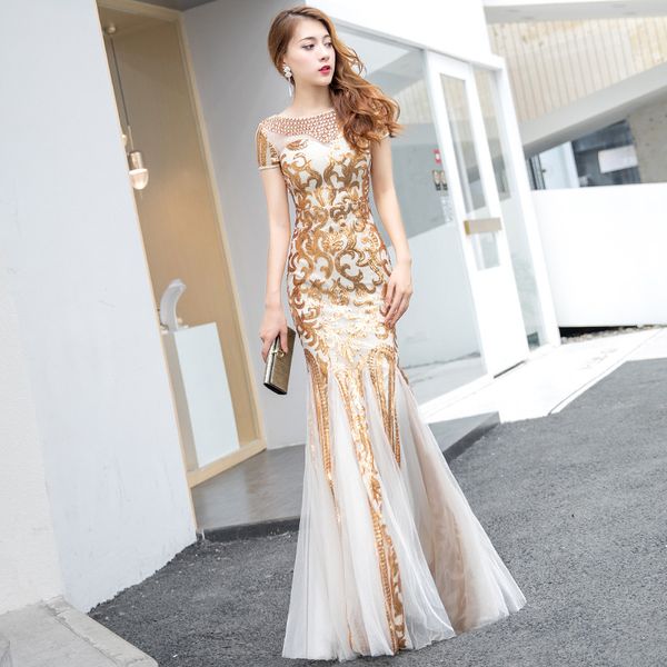 

gold sequins banquet evening dress female 2019 summer ladies mermaid dress birthday party long section s-2xl, Red