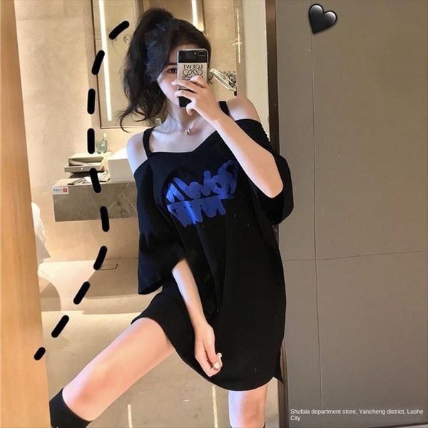 

one-line shoulder can be worn with two ins t-shirt umbrella mid-long sense women's minority slim short-sleeved t-shirt women's um, White