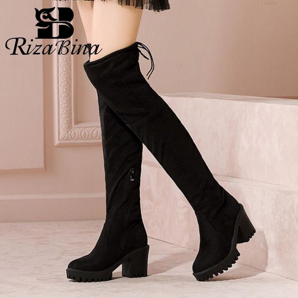 

rizabina women over knee boots high heel winter shoes women warm fur stretch boot fashion lady office long footwear size 34-43, Black