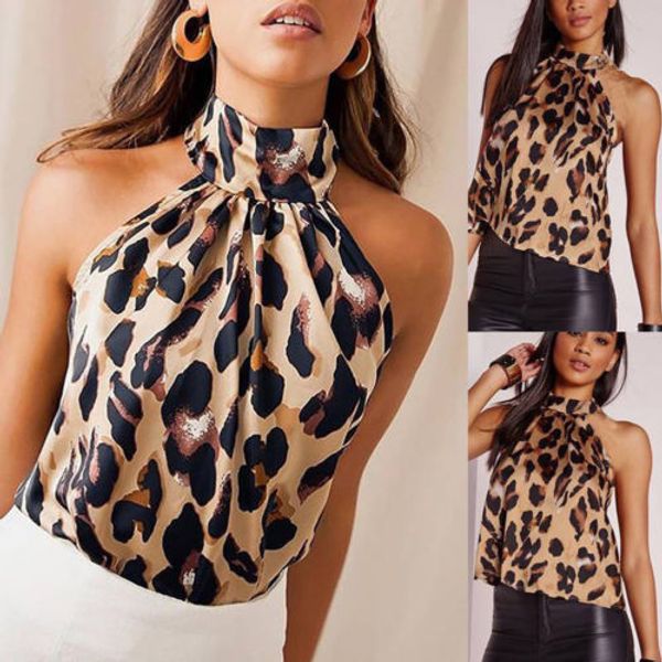 

womens tank leopard print halter neck sleeveless button cami vest evening party drop shipping, White