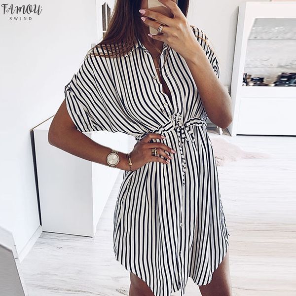 

fashion women stripe bandage short sleeve notched dress turn-down collar casual dress 2020 new summer party women dresses, Black;gray