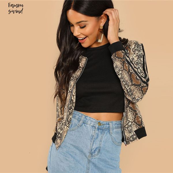 

zipper jacket casual striped sleeve snakeskin streetwear stand collar zip up long sleeve coat autumn women jackets, Black;brown