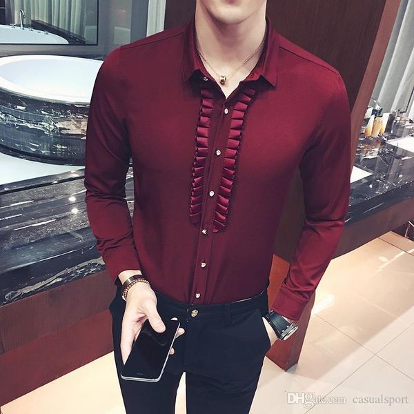 

wholesale - pleated mens dress shirt party wedding social shirts pattern men fitted male shirt black wine red white metrosexula dinner