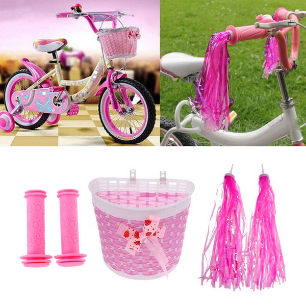 

girls bike handlebar grips, tassels, front shopping basket set pink