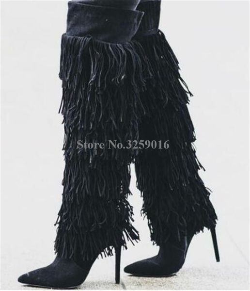 

women elegant pointed toe suede leather long tassels thin heel over knee boots fringes long charming high heel boots dress shoes, Black