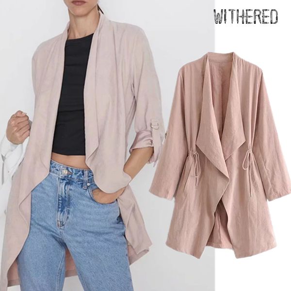 

withered 2019 autumn trench coat england simple solid roll up sleeve trench coat thin cardigans women plus size, Tan;black