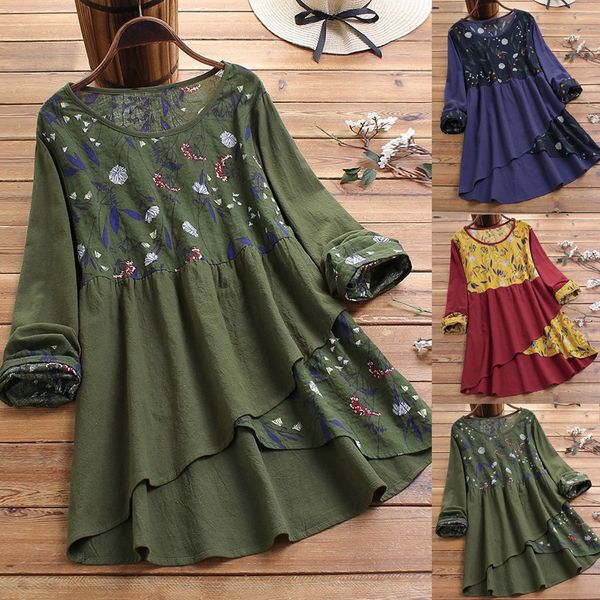 

blouses woman 2019 casual loose irregular hem linen plus size tunic shirt blouse long sleeve casual o-neck bluzki damskie, White