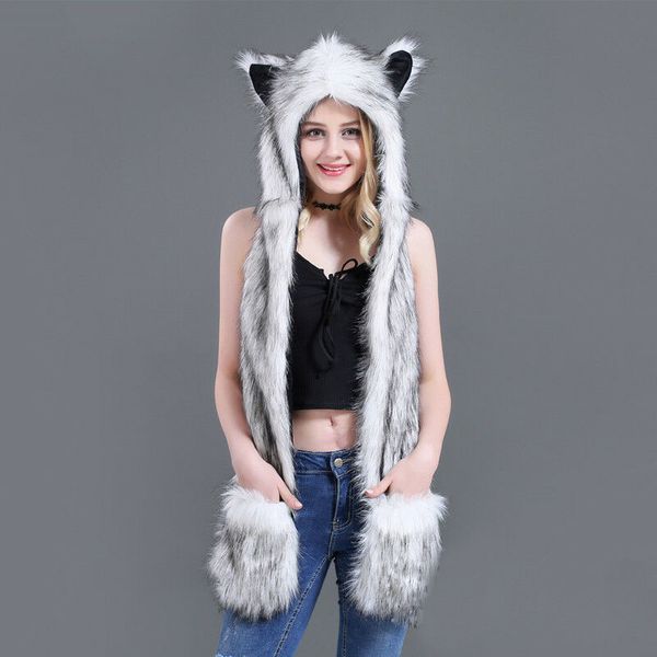 

10 styles faux fur hood animal hat ear flaps hand pockets 3 in1 animal hat wolf plush warm earmuff cap with scarf gloves