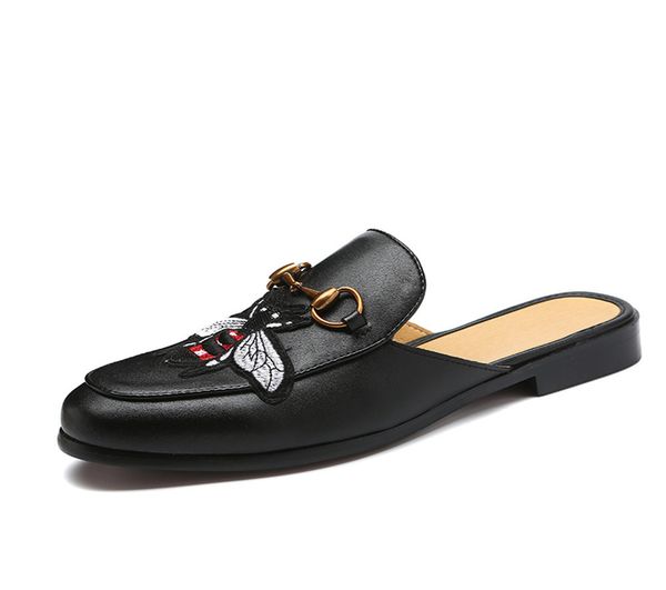 

leoed embroidered design men's open back loafer slip-on dress slippers genuine leather on backless loafers shoes size 6~10, Black