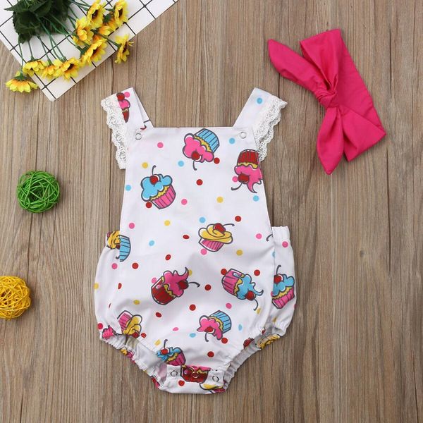 

baby girl clothes ice cream print sleeveless bodysuit headband 2pcs outfit clothes sunsuit, Blue