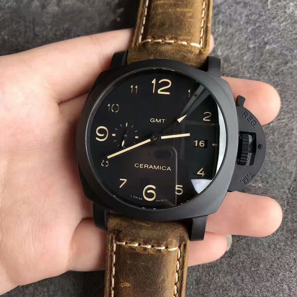 

Brand luxury pam441 pam00441 black dial ceramic ca e brown leather trap automatic mechanical men 039 date watch 44 mm with box