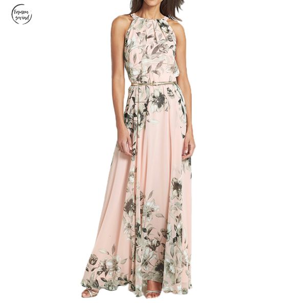 

без рукавов 2019 длинное платье sexy шифон цветочные печати вокруг шеи платья партии boho maxi платье саржевого pink summer beach sundress, Black;gray