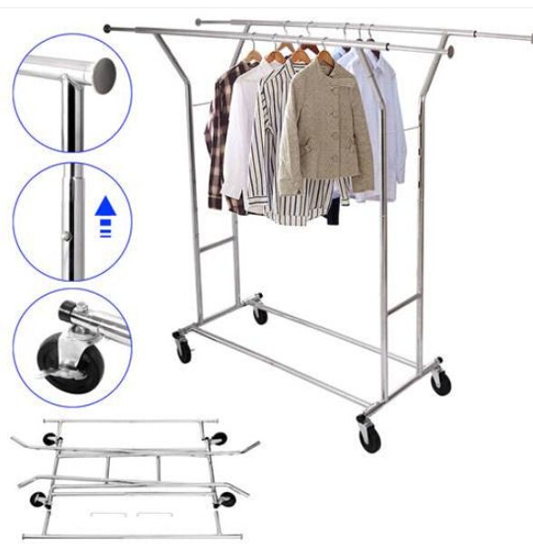 

2019 wholesales portable double-bar steel clothes rack silver