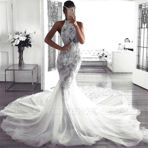 

stunning lace mermaid wedding dresses high neck illusion bodice appliqued floor length backless bridal gowns bc2509, White