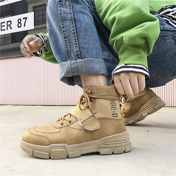 

winter men's boots warm leather sneakers boots working lace up men's desert snow round toe high shoes, Black