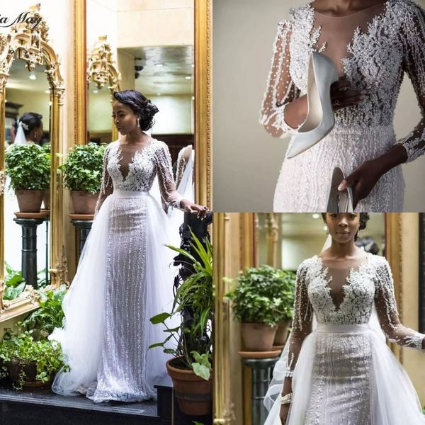 

роскошное свадебное платье с длинными рукавами и жемчугом из бисера русалка со съемным шлейфом элегантное африканское прозрачное кружево плю, White