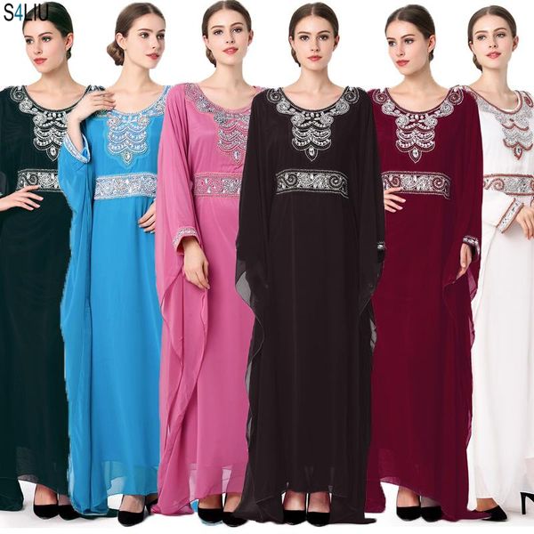 

muslim arab dress chiffon kaftan maxi robe gown women embroidery long sleeve turkish dress dubai moroccan abaya islamic clothing, Red
