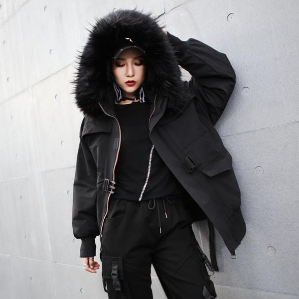 

2018 winter fashion women's cotton jacker hooded fur collar warm workwear coat female long sleeve cotton-padded outwear l1734, Black