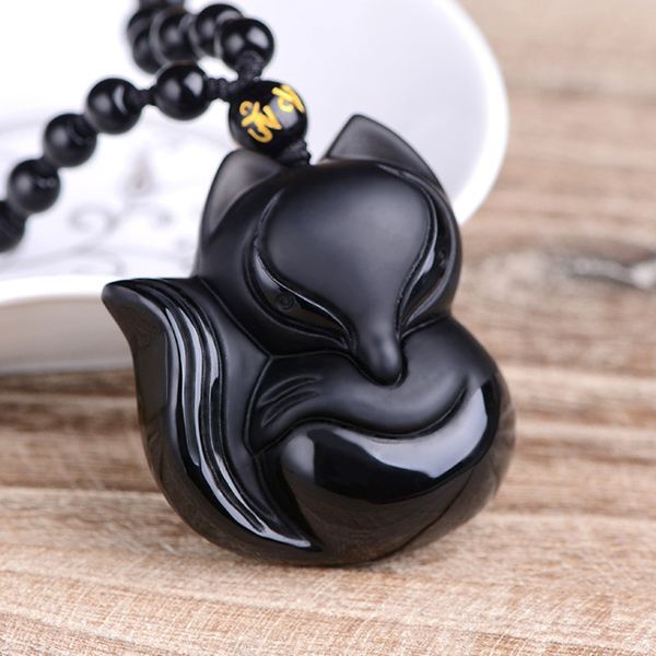 

natural obsidian pendant hand carved with chain lucky amulet pendant necklace for men and women fashion crystal jewelry, Silver