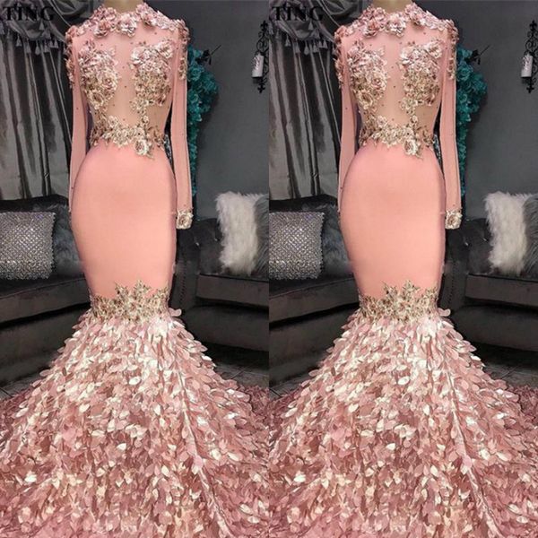 

элегантные розовые платья выпускного вечера 3d цветочные аппликации с длинными рукавами русалка вечерние платья для девочек с скользящим шле, Black