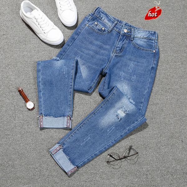 

boyfriend джинсовые винтажные джинсы для женщин 2018 года осень брюки одежда высокой талией вскользь прямые дырки брюки плюс размер o8r2, Blue