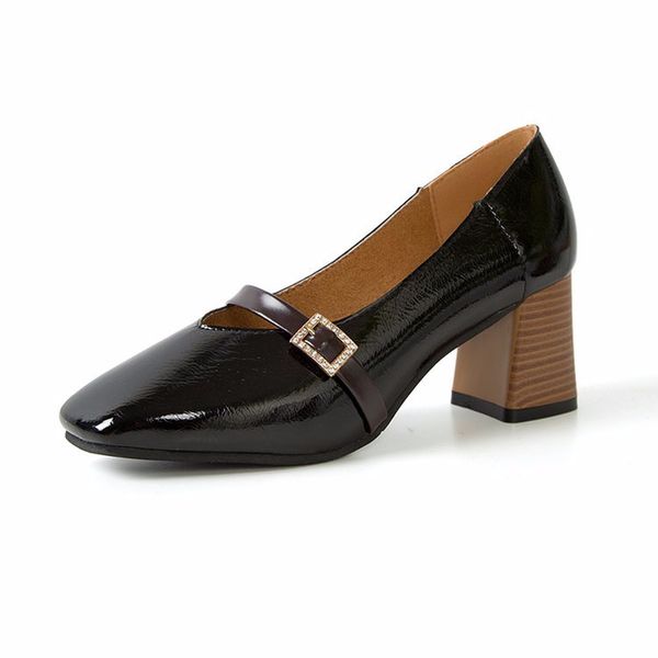 

lism 2018 spring new square head shoes retro word buckle with a single shoes fashion shallow mouth high heels, Black