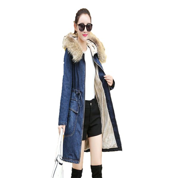 

2019 new ladies winter jackets long sleeve hooded solid thick medium long coat women wool liner casual denim parka, Black