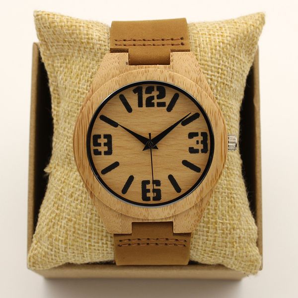 

fashion japan quartz luxury men wood watch arabic big number vintage genuine leather band bamboo wooden wristwatches antibrittle, Slivery;brown