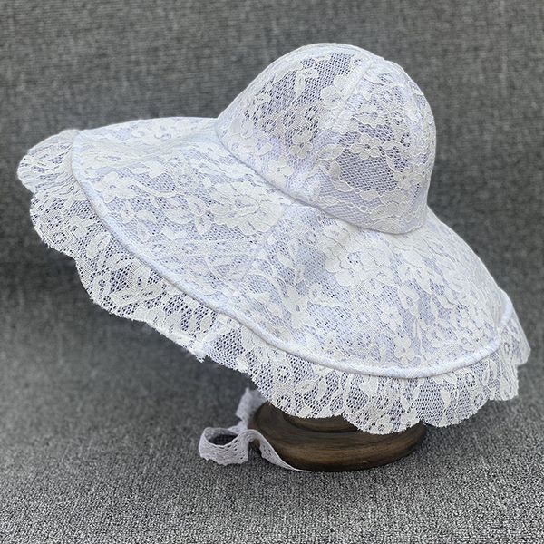 

white black lace sun hat large brim dome bucket hat women elegant summer spring outdoor foldable lace fedora cap 2020, Blue;gray