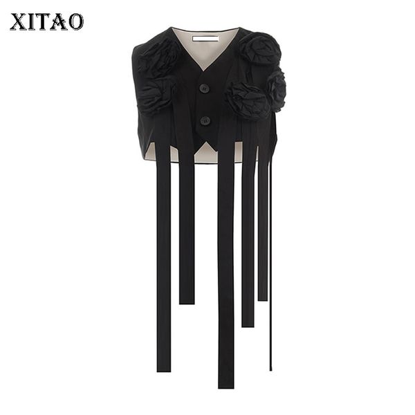 

xitao ribbon pleated black vest women three-dimensional flower tide personality short tank coat fashion v neck new wqr1308, Black;white