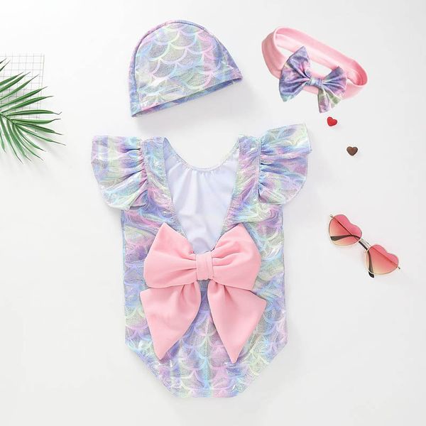 

ins 2019 new kids swimwear mermaid girls swimsuit one-piece+hat+bows headbands kids bathing suits girls swim suits baby swimwear a4008, Black