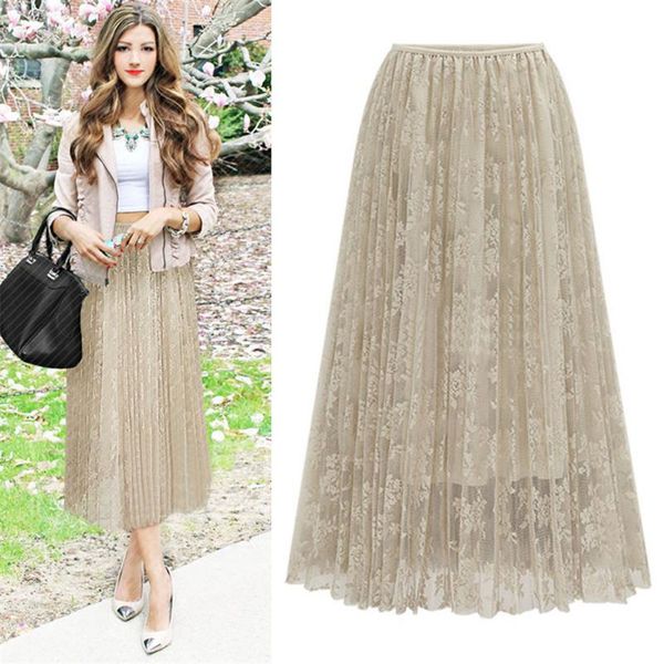 

women elasticity high waist solid color long skirt ladies beach vacation long skirt female pleated puff mesh skirts yl5, Black