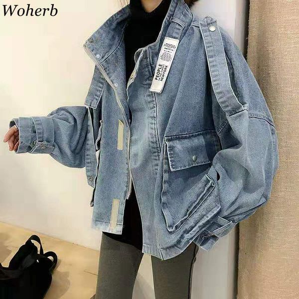 

woherb 2019 spring plus size denim jacket women streetwear loose vintage jean coats big pockets stand neck bomber jackets 90301, Black;brown
