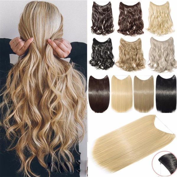 

20 inches invisible wire no clips in hair extensions secret fish line hairpieces silky straight real natural synthetic headwear