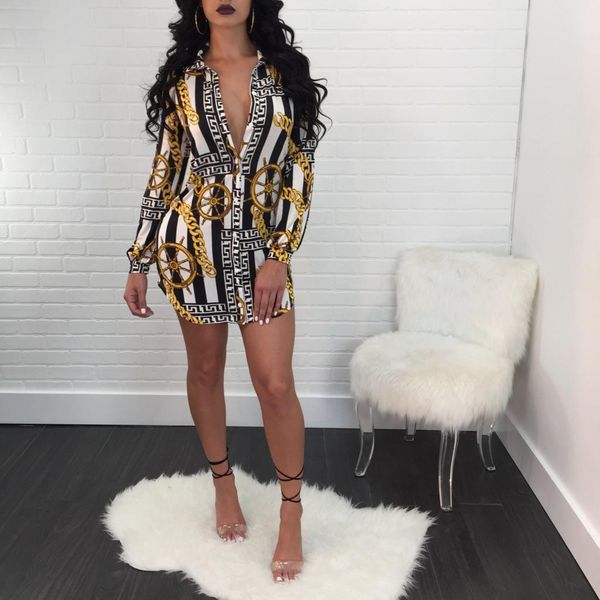 

spring women designer clothes autumn shirt dress gold chains printed casual dresses, Black;gray