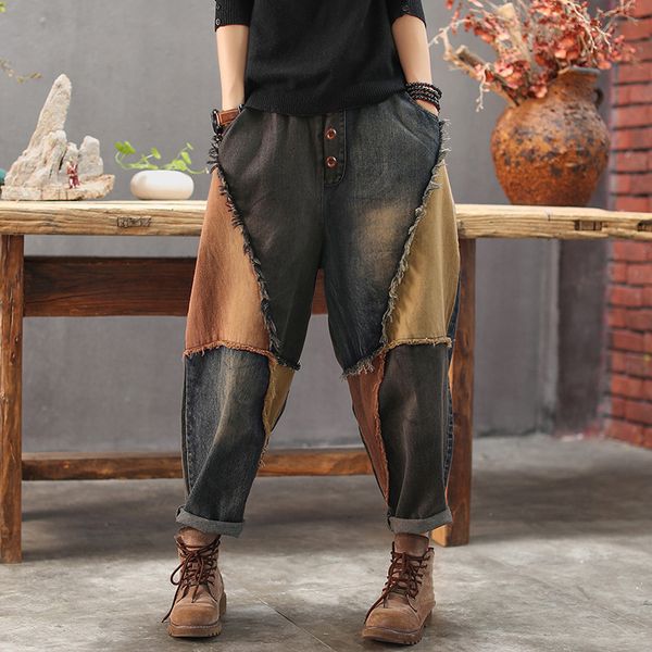 

2020 spring autumn jeans large size loose women elastic waist all-match denim pants new casual spliced vintage trousers, Blue