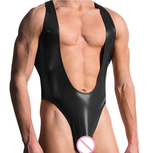 

men faux leather lingerie men wet look erotic underwear gay thongs undershirt mens night club wear, Black;brown