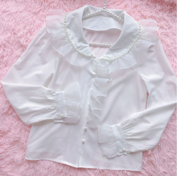 

pearl bead white blouse women all-match shirt doll collar single row buckle lotus leaf sleeve solid color shirt woman blusas