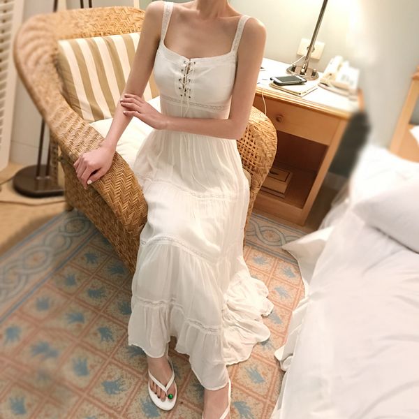 

holiday beach suspender maxi dress female 2020 new summer french style sleeveless lace high waist long dress ns1964, Black;gray