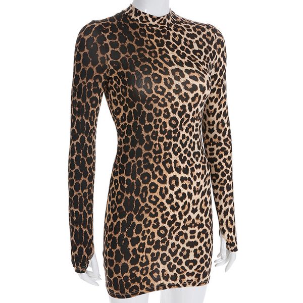 

wholesale-popular long sleeve high neck leopard print dress autumn women fahsion sheath vestidos femininos party 2018 dresses @30, Black;gray